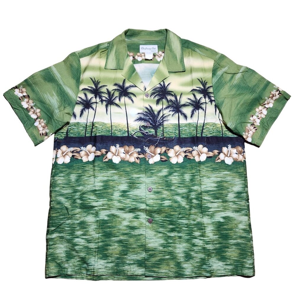 Bishop St Hawaiian Aloha Shirt Mens Button Up Large Green Palm Tree Hibiscus